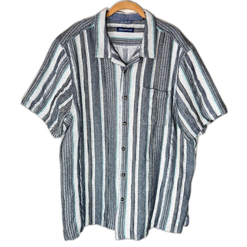 Tommy Bahama Milano Stripe Cotton Camp Shirt Mens XXL Blue Gray Jacquard Texture